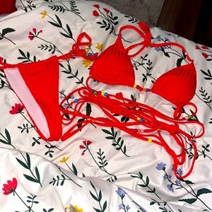 Bright red small beaded bikini